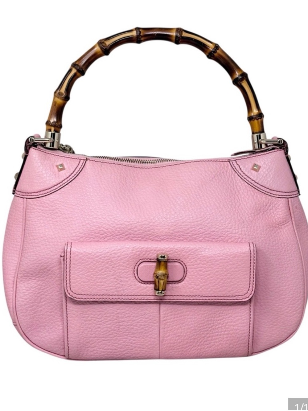 Gucci Pebbled Leather Shoulder Bag Pink with Bamboo Handle and Front Pocket